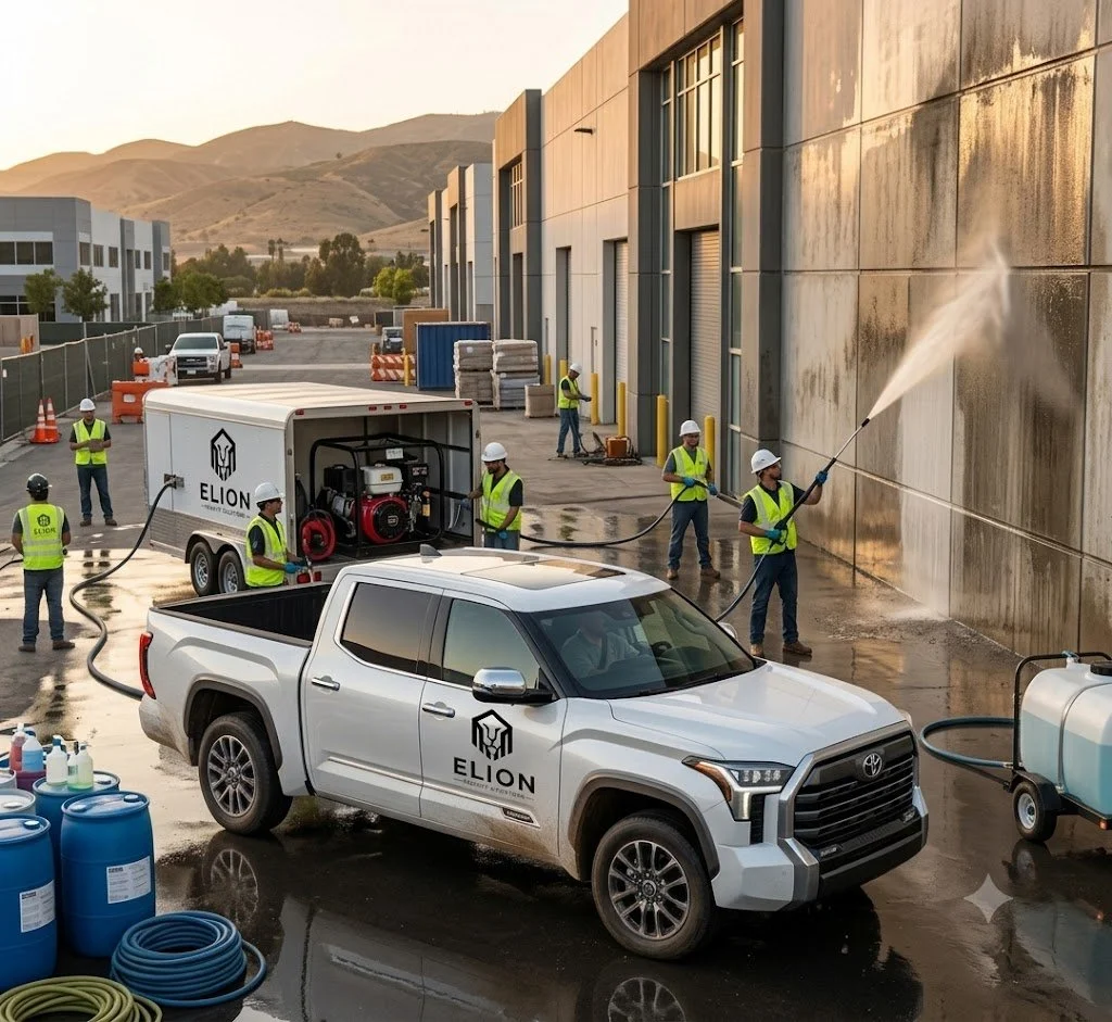 Pressure washing sidewalks outside a commercial property