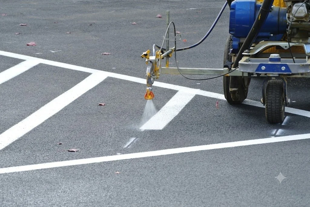 Line striping equipment painting parking lot lines.