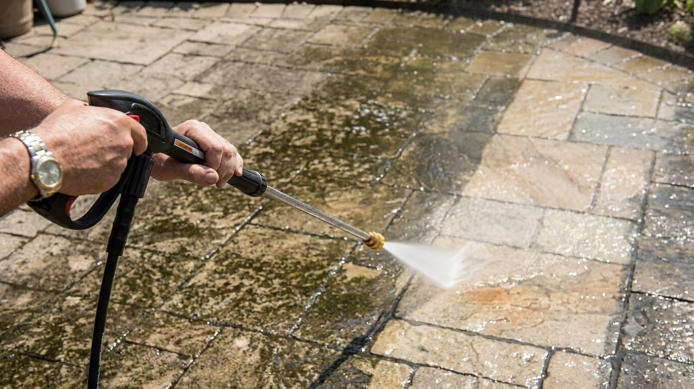 A person is using a pressure washer to clean a stone patio.