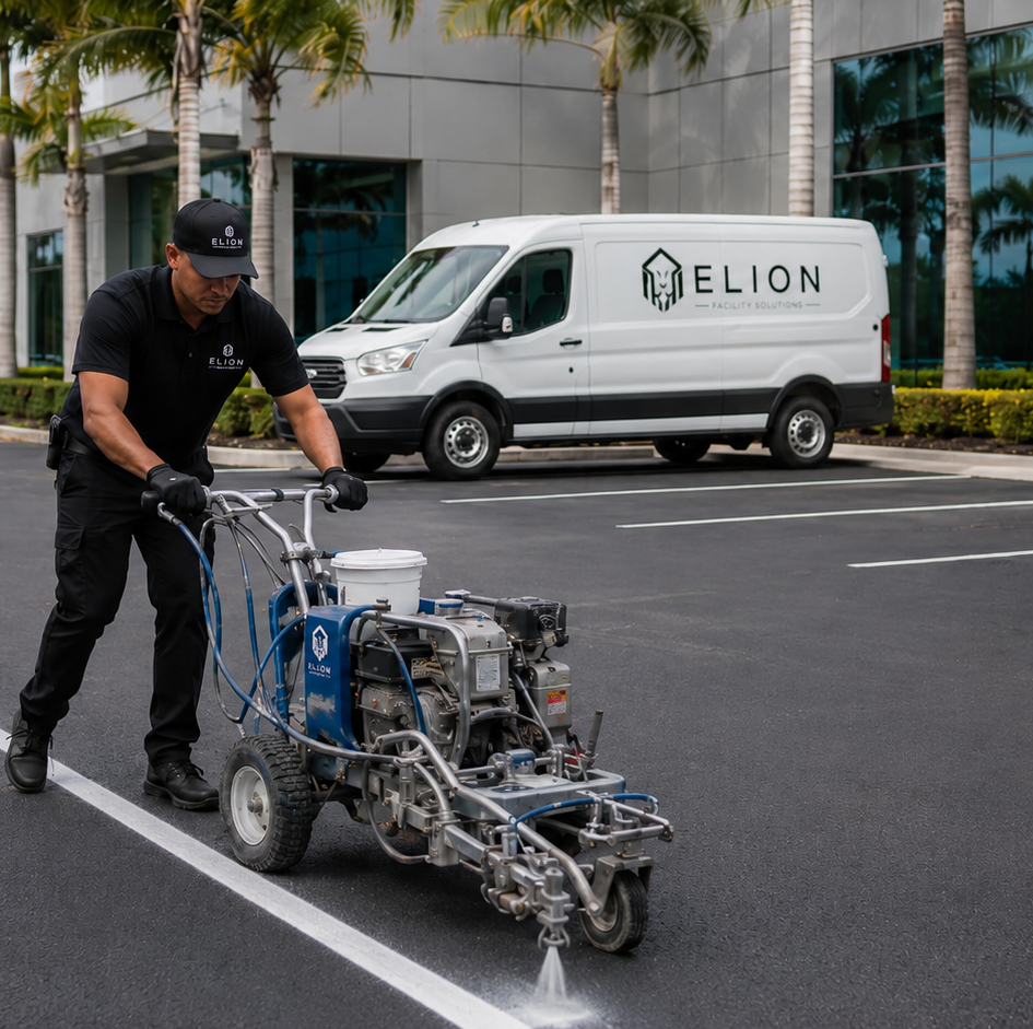 A worker applying white line markings on black asphalt in a parking lot. There is a white van with the 'ELION' logo parked in the background and palm trees along the building.