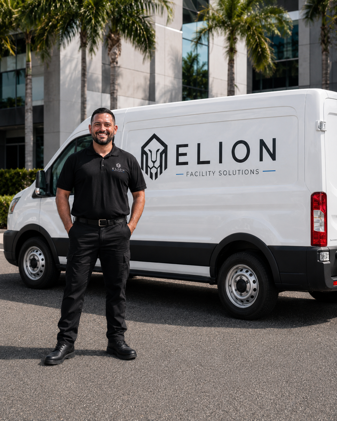 A man in black uniform standing in front of a white van with the logo and text 'Elion Facility Solutions' on the side, parked outside a modern building with palm trees.