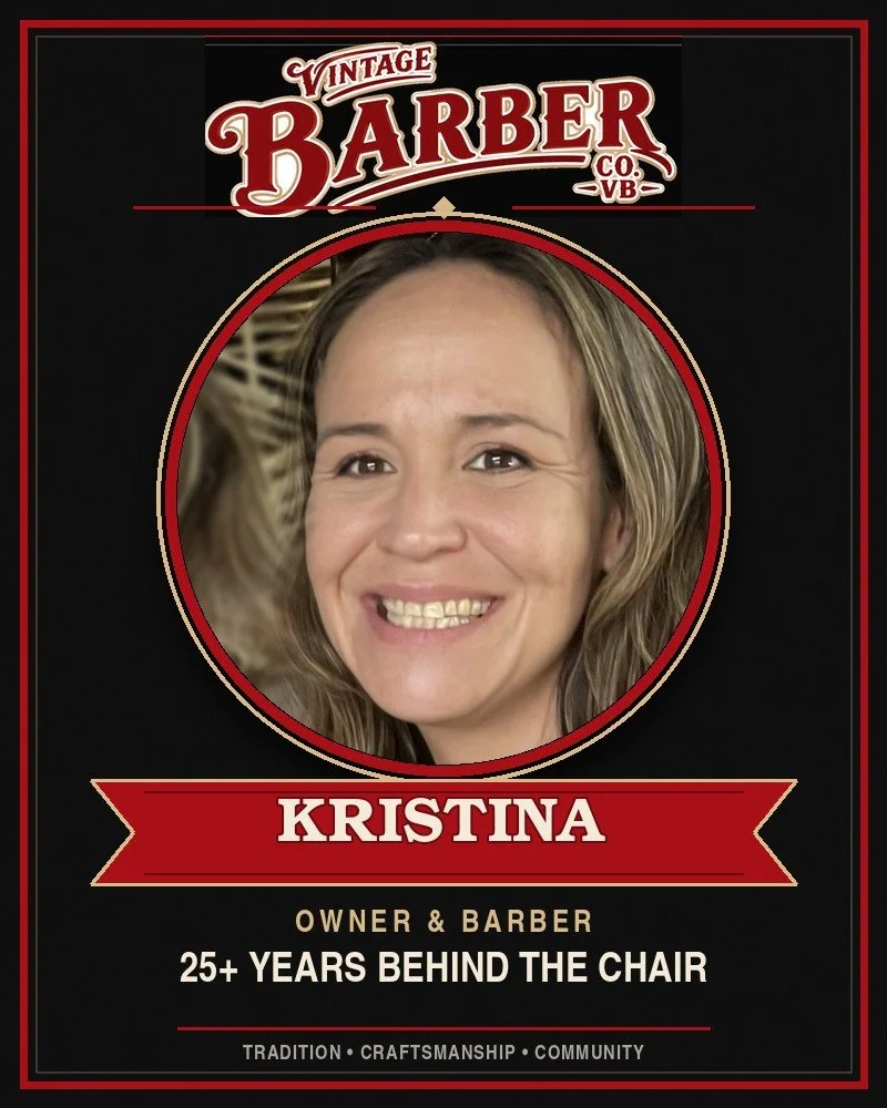 Kristina Kelly, owner and barber at Vintage Barber Company VB, 25+ years behind the chair
