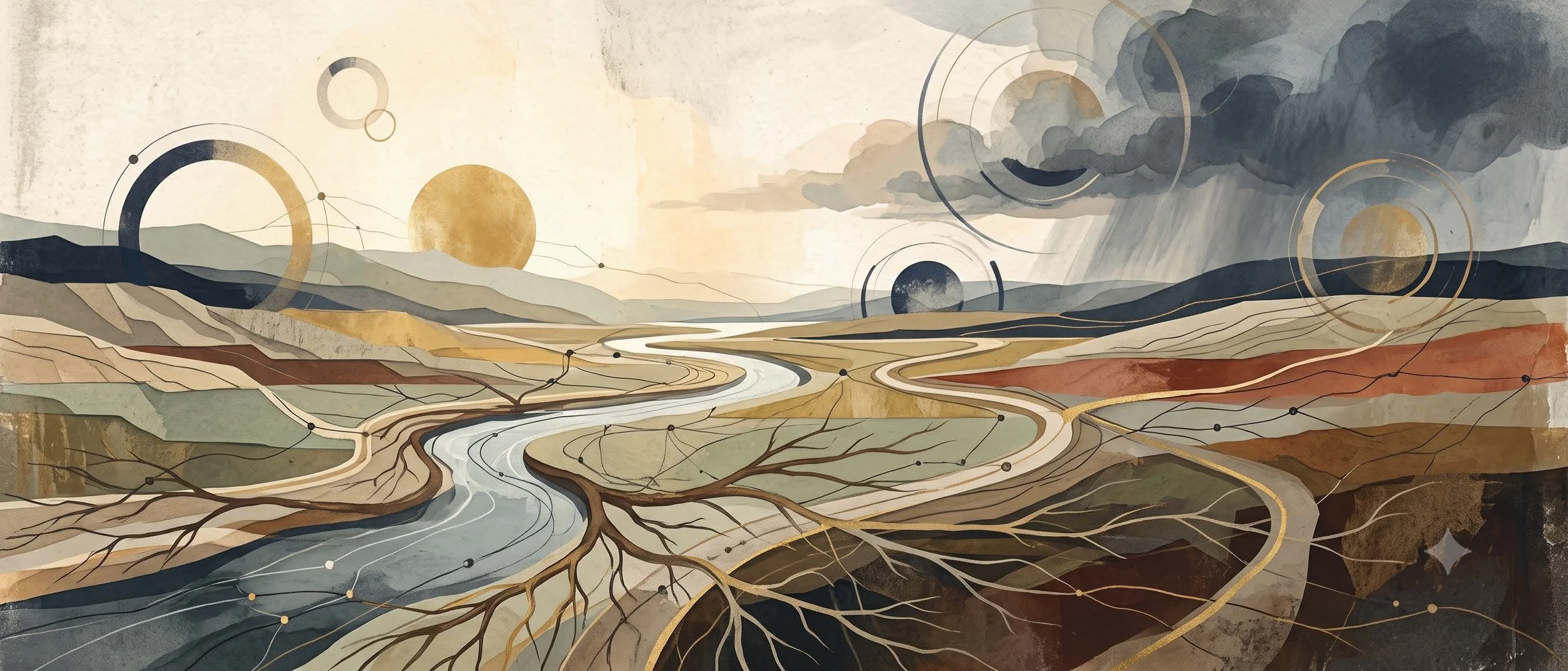 Abstract STX artwork of a South Texas river delta seen from above, its branching channels forming a network — a visual metaphor for the interconnected systems that shape a person's life