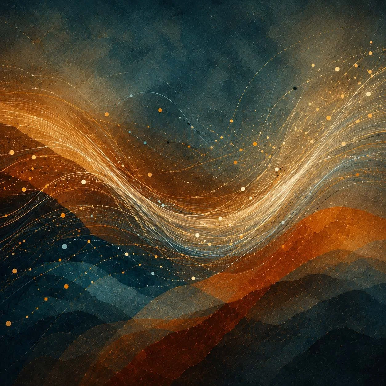 Abstract STX artwork of layered South Texas landforms and flowing lines, representing the systems and experiences that shape a person's life.