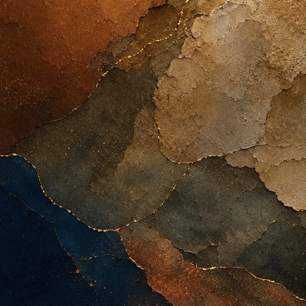 Abstract artwork of weathered South Texas earth in terracotta, navy, and ochre, crossed by fine gold fault lines.