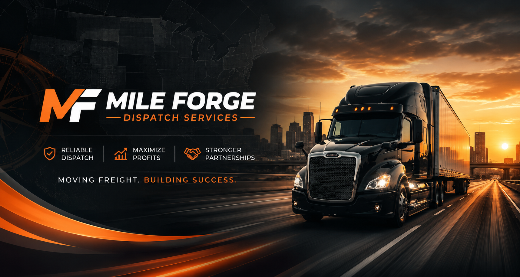 A black semi-truck driving on a highway at sunset with a city skyline in the background. Overlay text promotes Mile Forge Dispatch Services, highlighting reliable dispatch, maximizing profits, stronger partnerships, and building success in freight transportation.