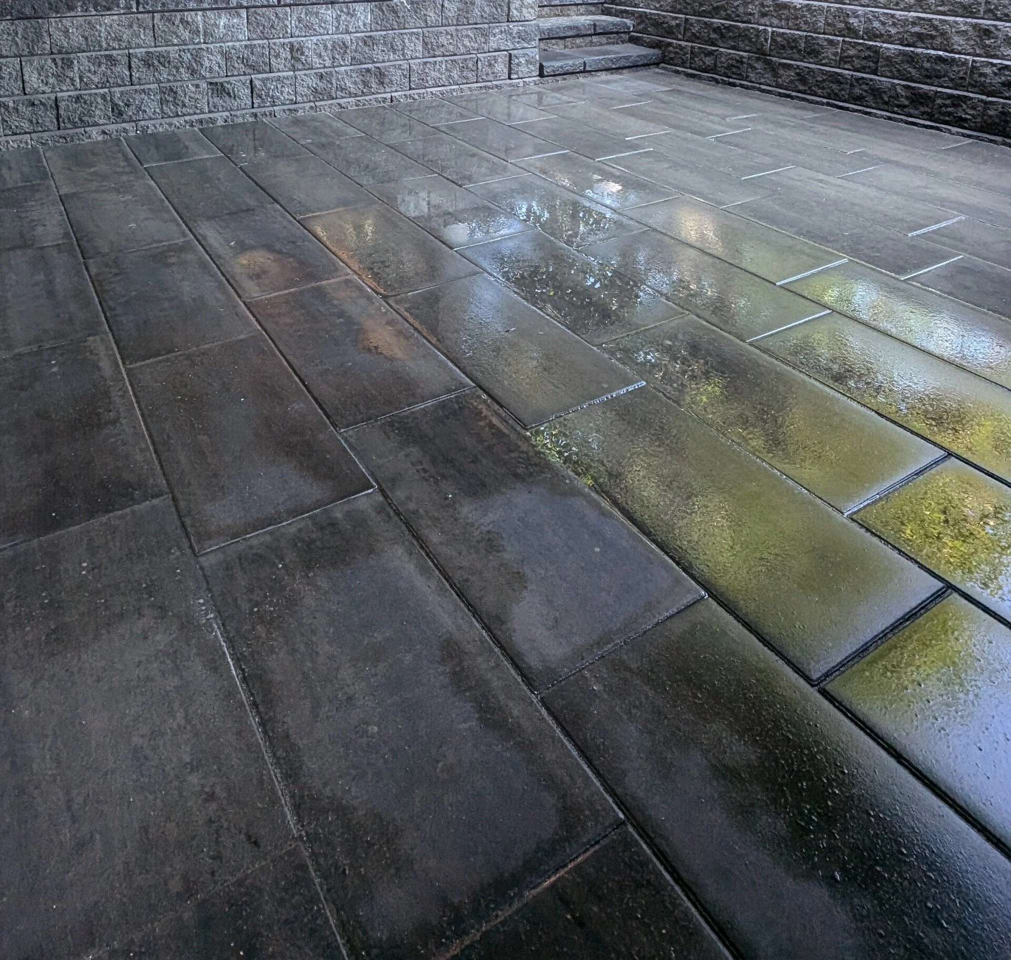 Charcoal 12" x 24" paver slab patio, Cypress stone retaining wall - Burnaby