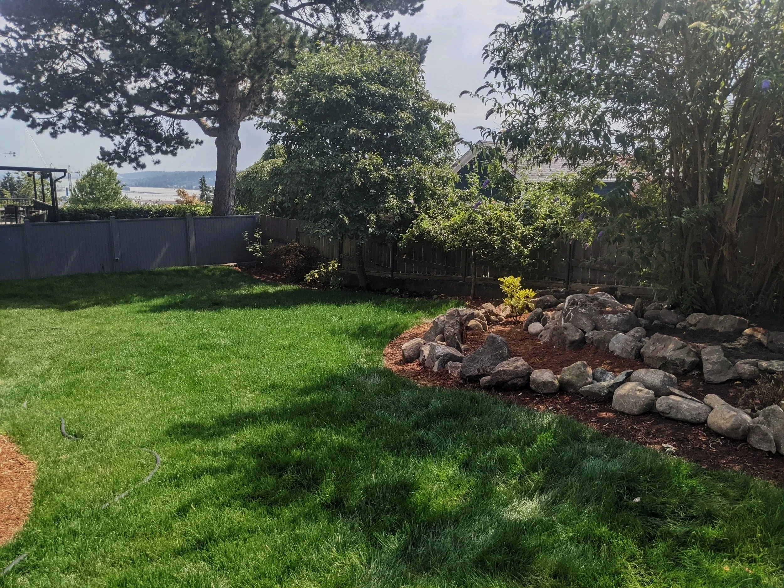 Fresh sod installation with mulch and stone garden bed - New Westminster, backyard
