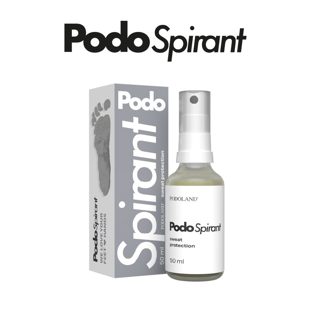 A spray bottle and box labeled 'Podo Spirant' for sweat protection, with the bottle containing 50 milliliters of product, shown against a plain background.