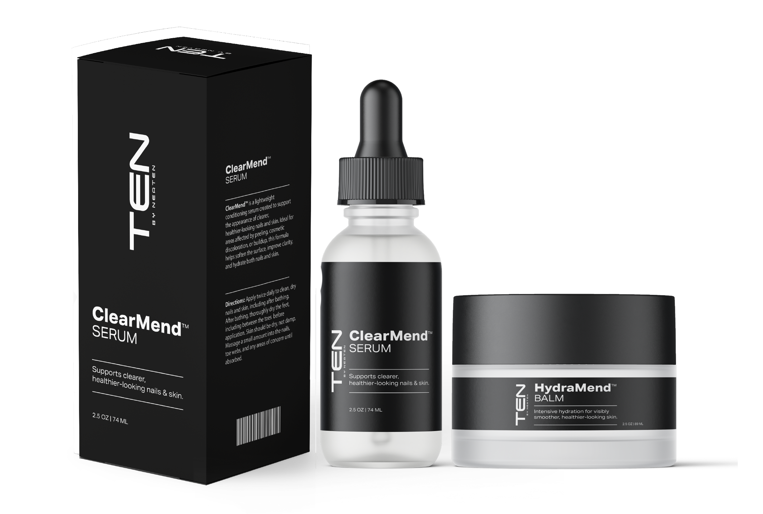 Skincare products including a box, a bottle with a dropper labeled 'ClearMend Serum,' and a jar labeled 'HydraMend Balm' against a black background.