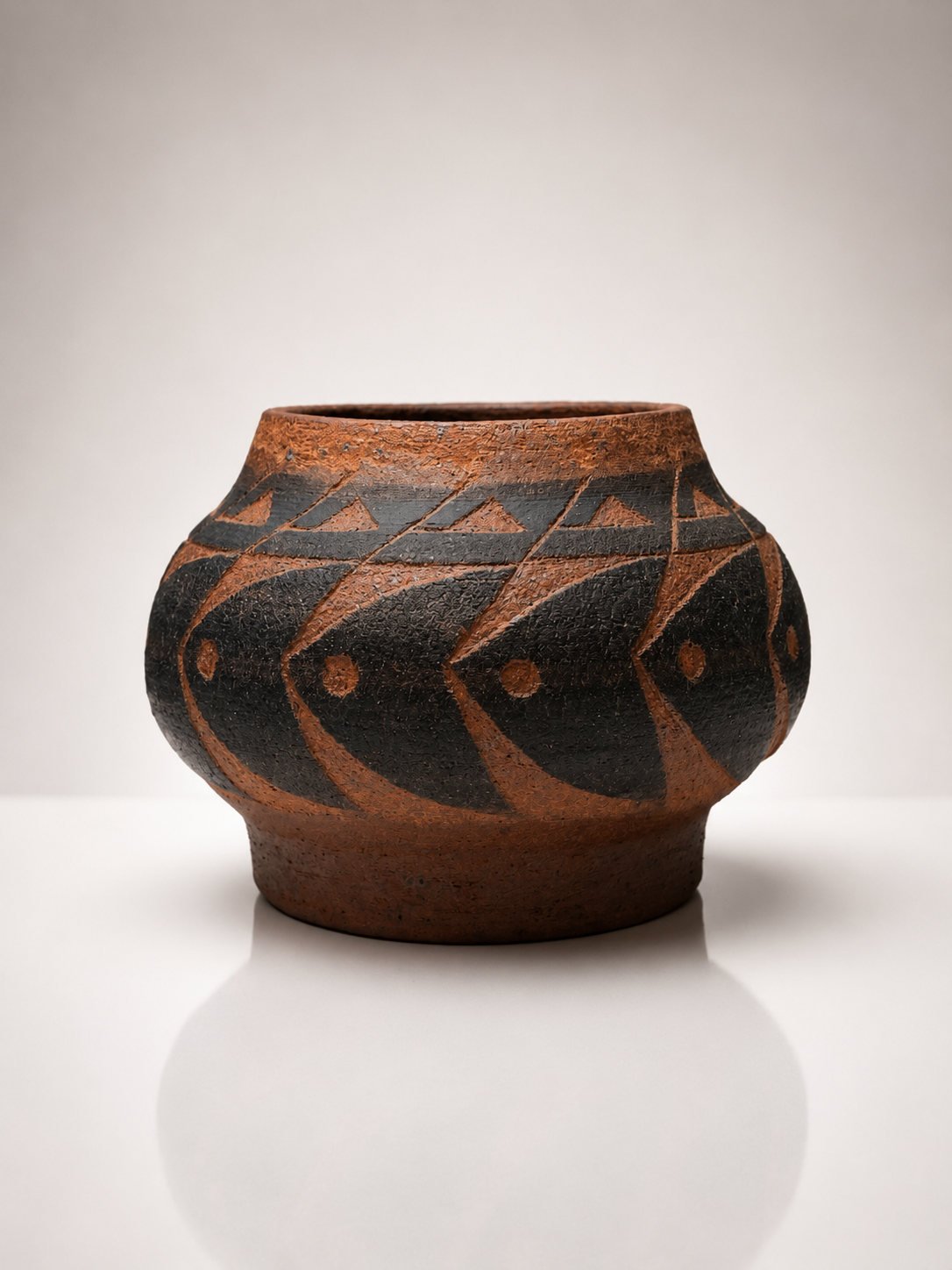 A traditional pottery pot decorated with black and reddish-orange geometric patterns.