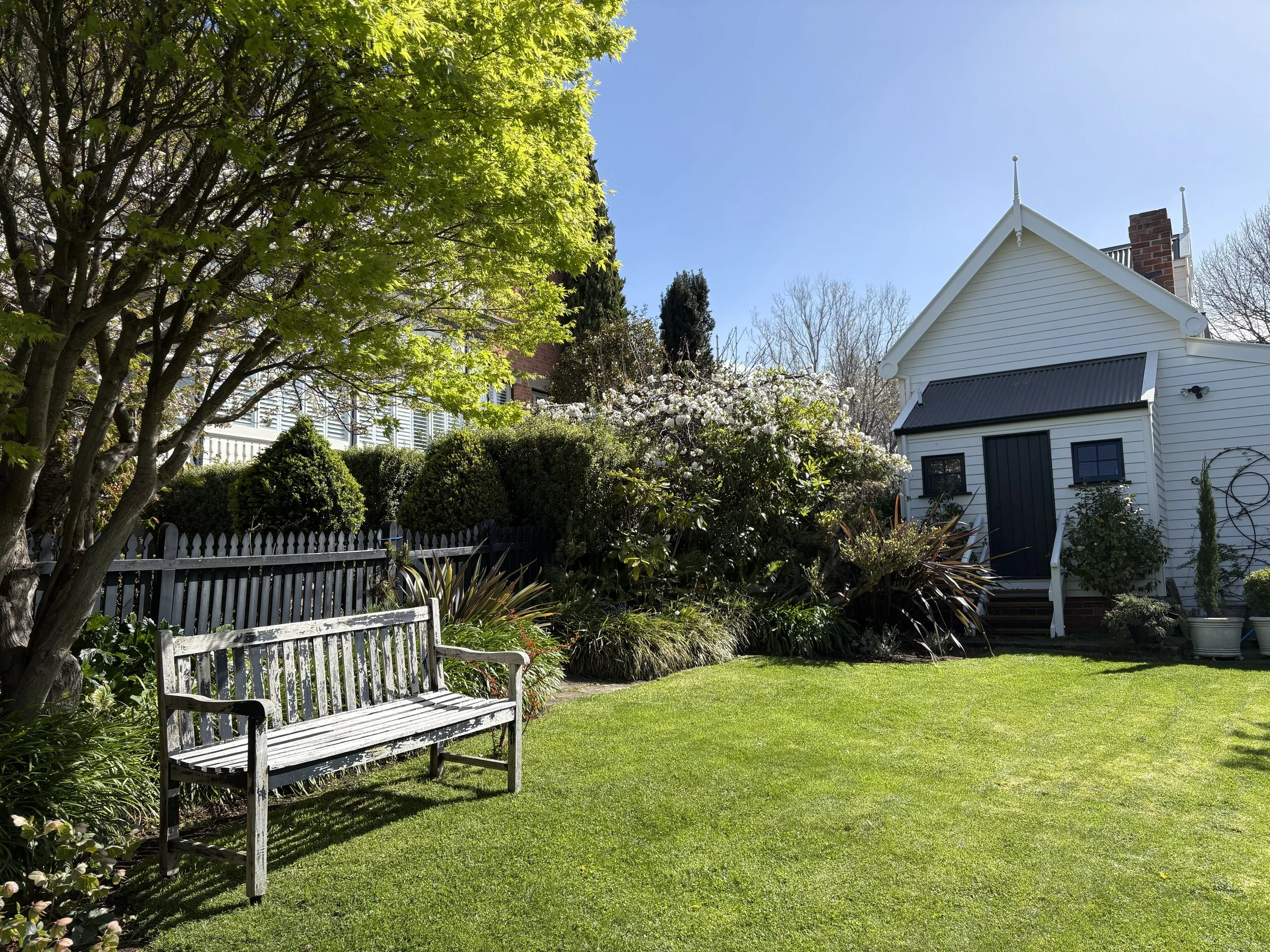 A lush green backyard with a white wooden bench, surrounded by various plants and trees, with a white house featuring a black roof and chimney in the background, under a bright blue sky.
