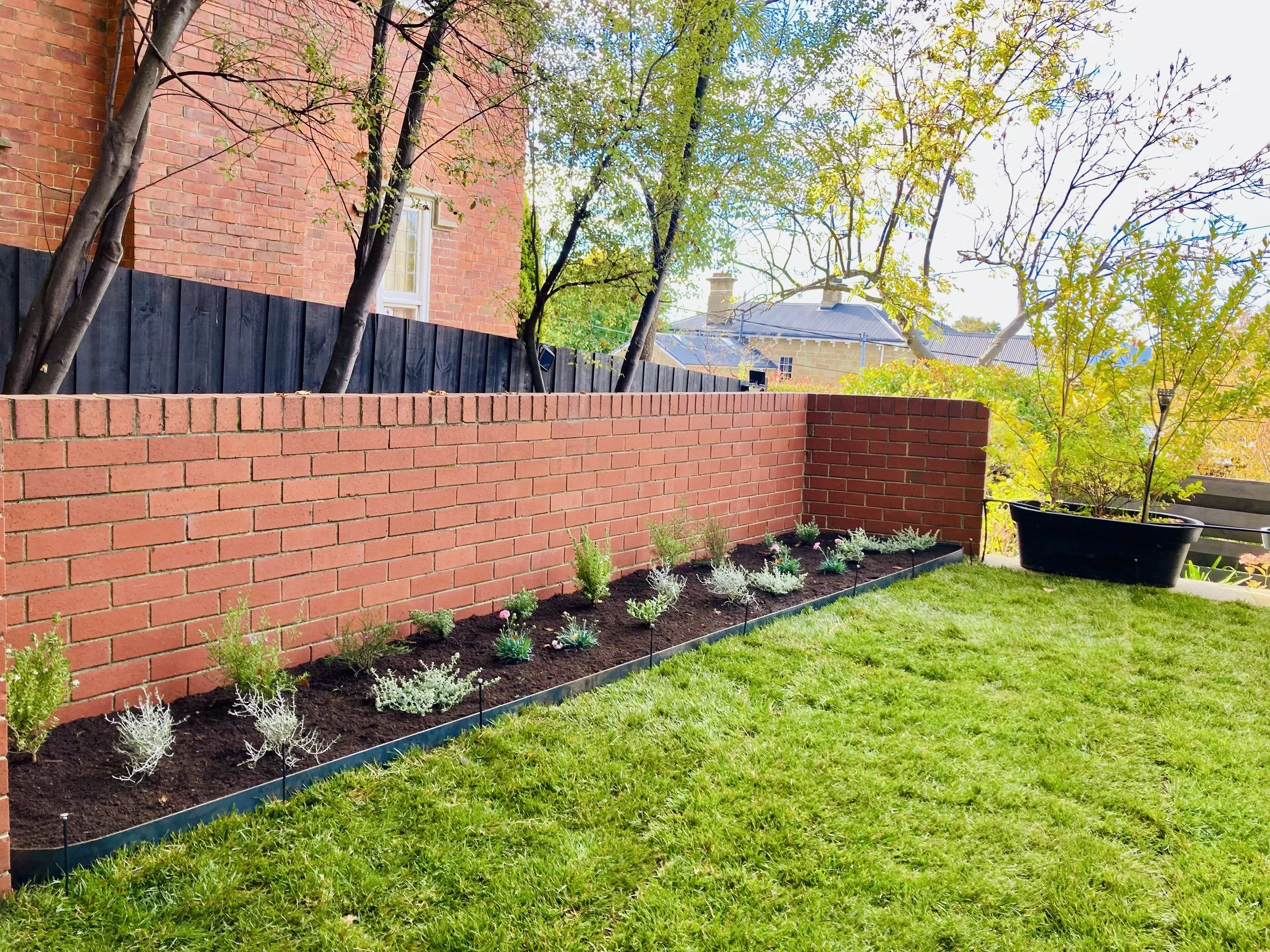 A backyard with a brick wall and a flower bed filled with small plants, bordered by a darker brick wall and a black fence. There are trees with yellow and green leaves, and a large black planter with a leafy green plant in the corner. The sky is part