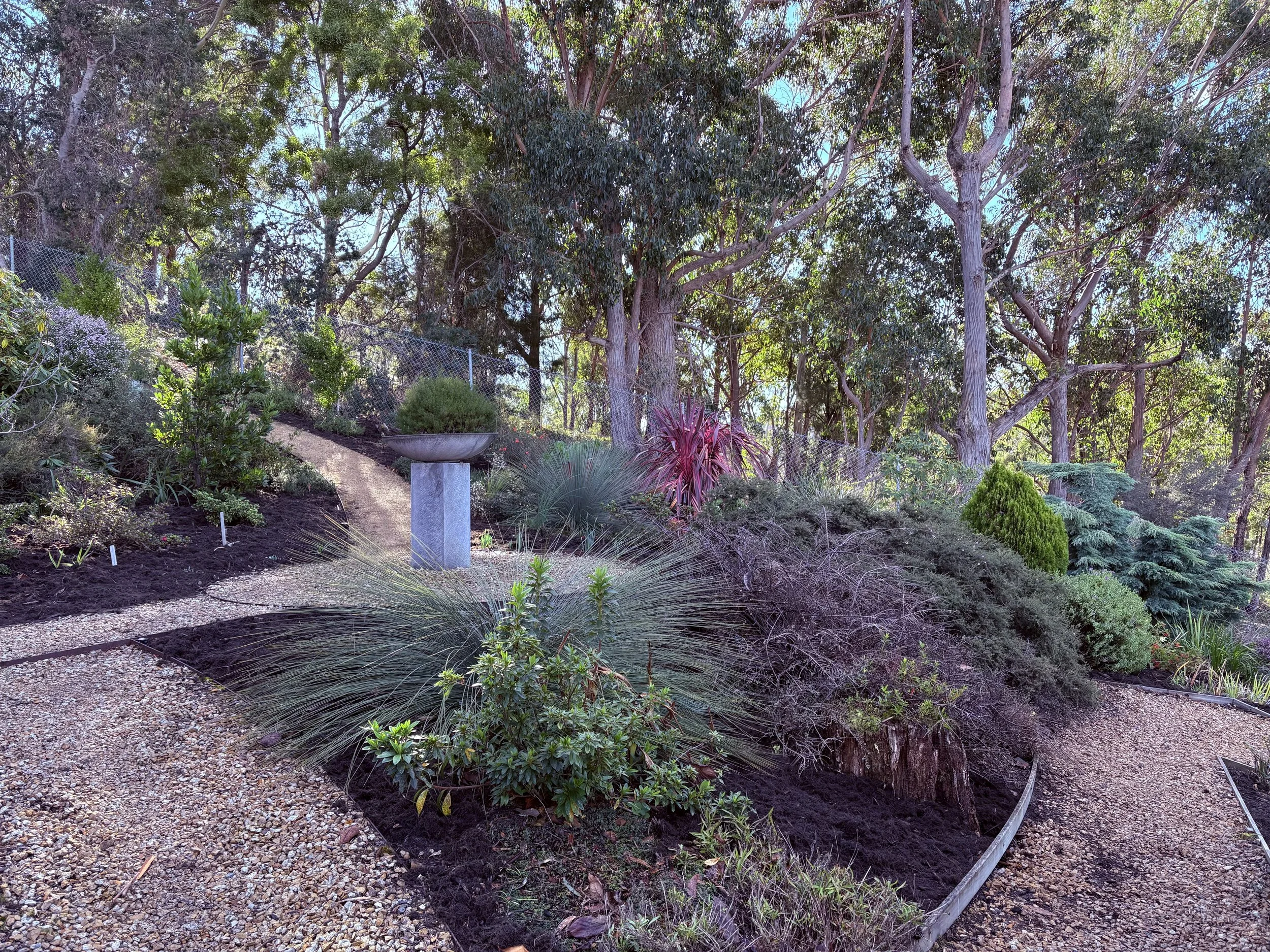 A garden with various plants, trees, a gravel path, and a small stone birdbath on a pedestal, with a chain-link fence and tall trees in the background.
