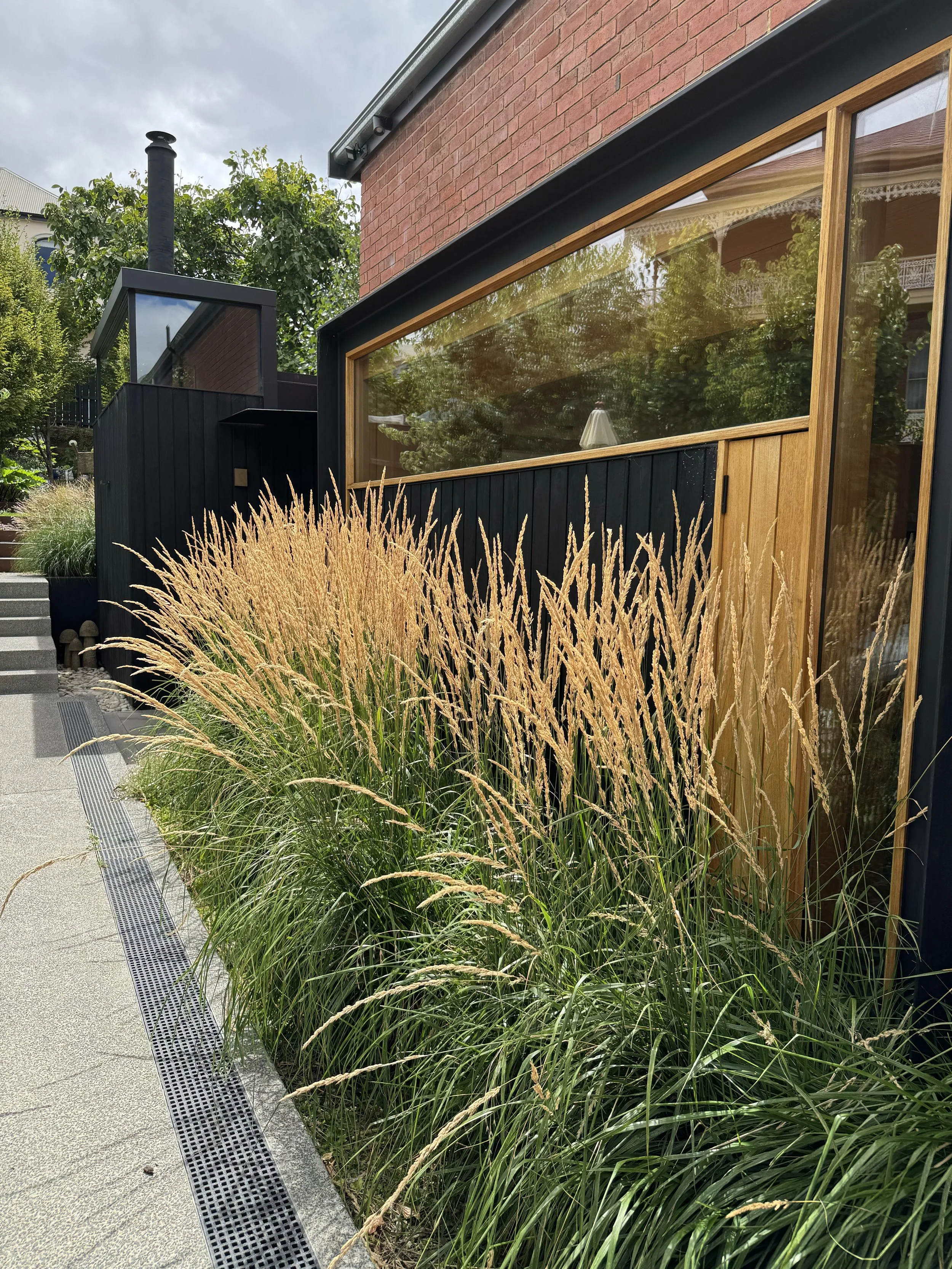 A modern house with a large glass window and wooden accents, surrounded by decorative tall grasses and greenery, with a brick exterior wall and a chimney in the background.