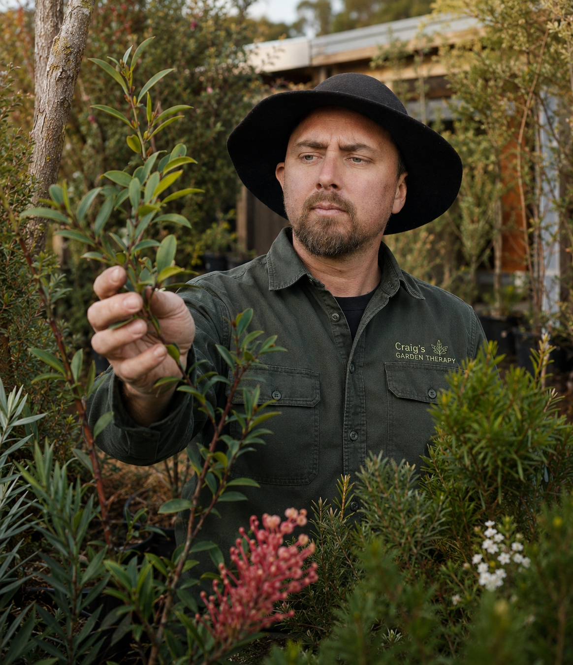 A man wearing a black wide-brimmed hat and a dark green shirt with 'Craig's Garden Therapy' logo inspecting a plant in a garden setting.