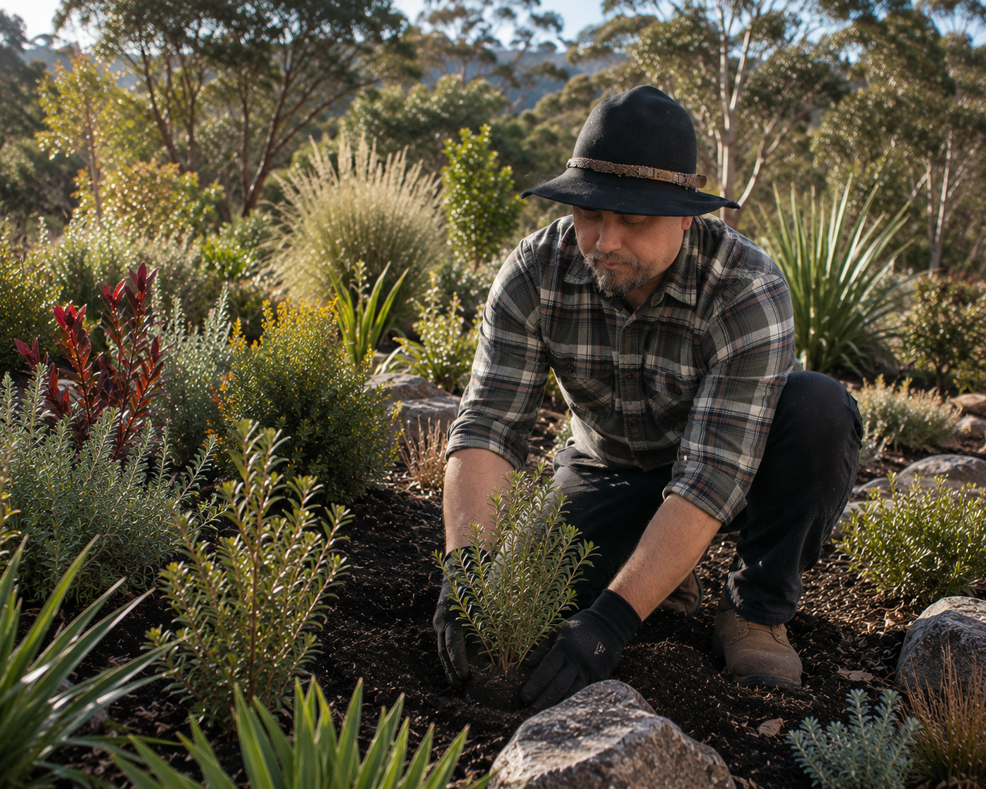 A man kneeling in a garden planting a small shrub, surrounded by various plants and rocks, outdoors with mountains in the background.