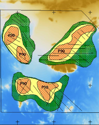 Seafloor map showing P90 contour lines over three landmasses with varying topography, surrounded by ocean water.