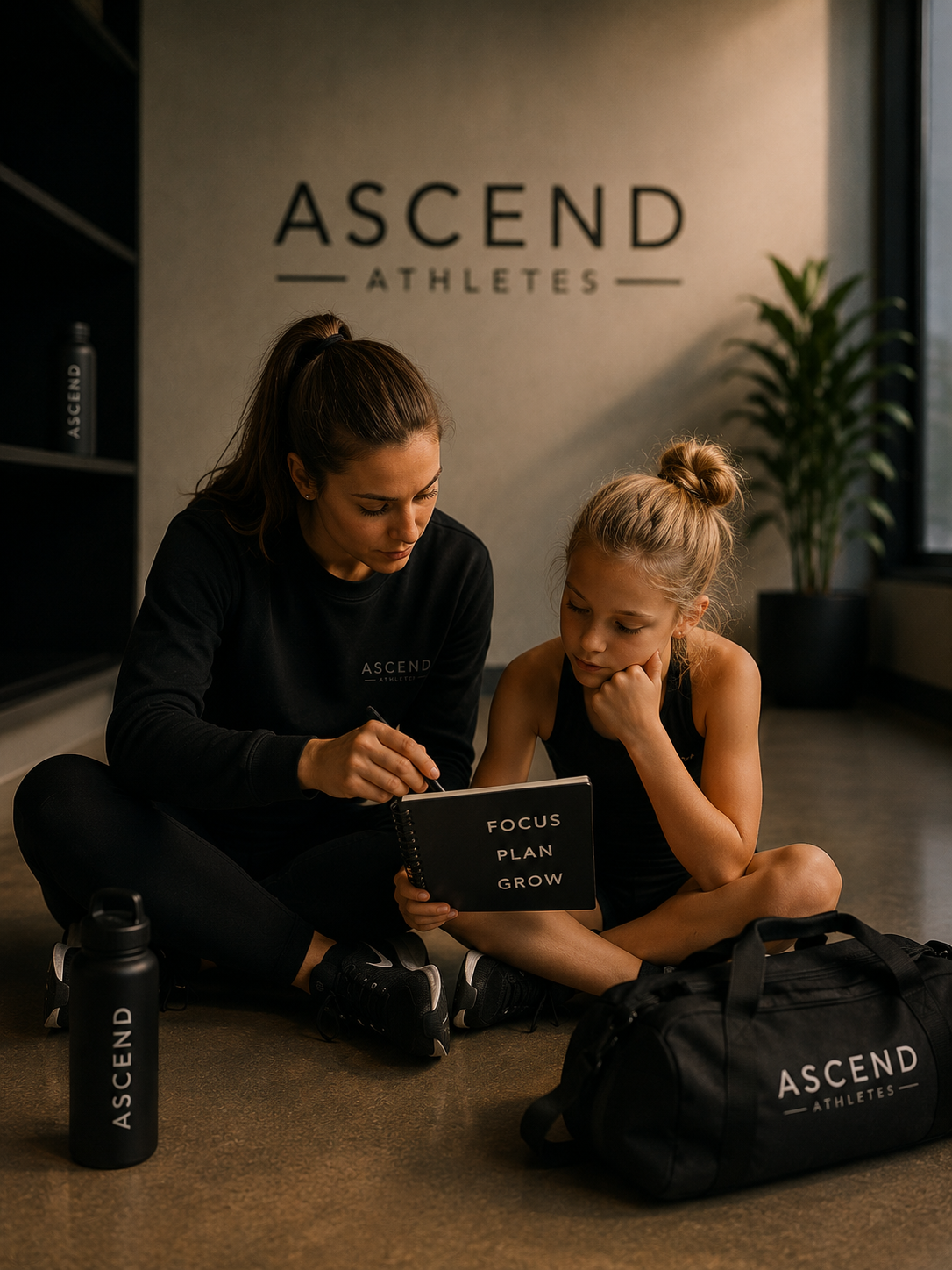 A woman and a girl sitting on the floor of a gym, looking at a planner with words 'FOCUS PLAN GROW'. The woman wears a black 'ASCEND ATHLETES' hoodie, and the girl wears a black gym outfit. There is a black 'ASCEND ATHLETES' water bottle and duffle bag nearby, with a large plant and wall sign reading 'ASCEND ATHLETES' in the background.