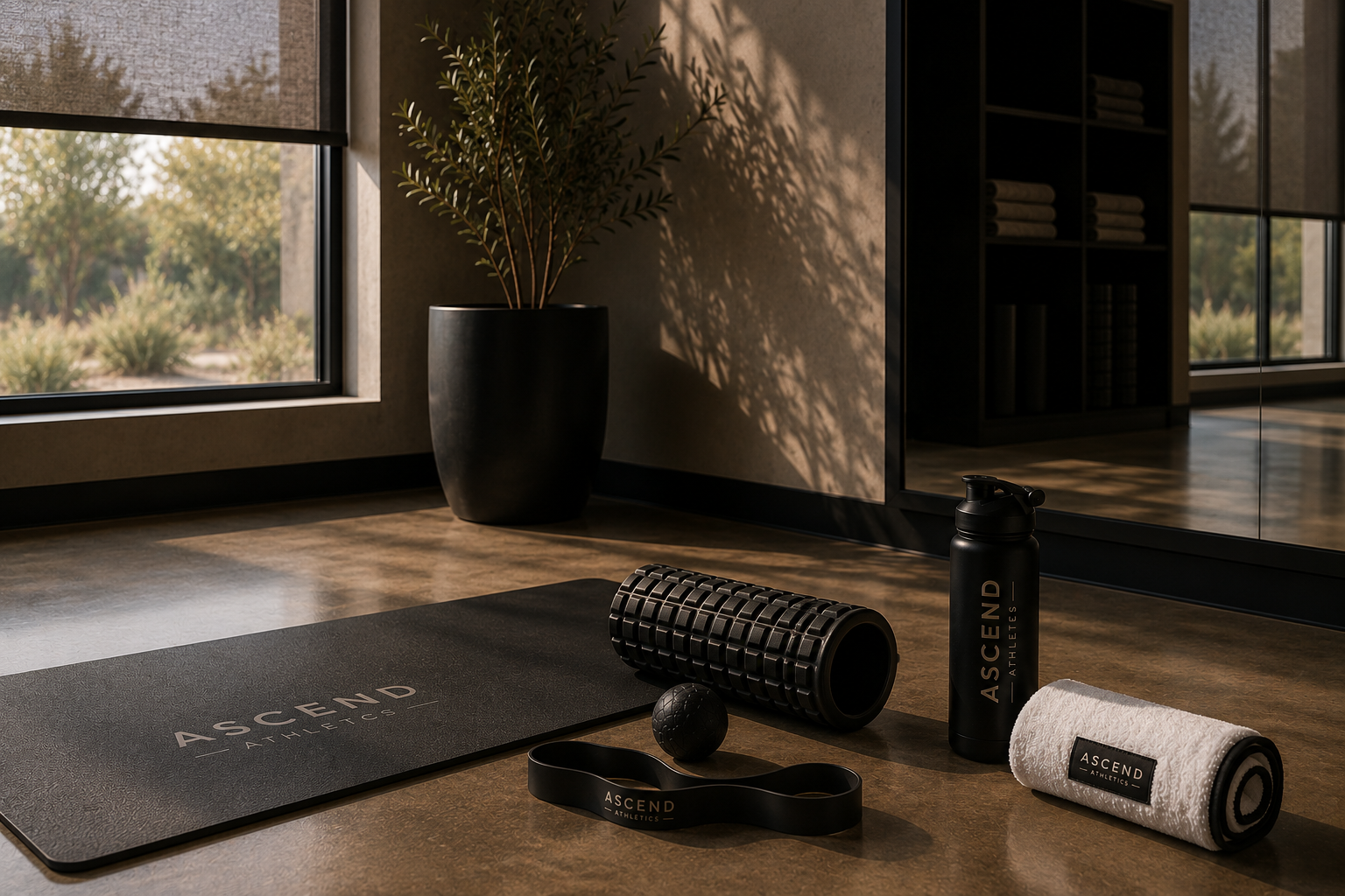 Home gym with fitness equipment near windows, including a yoga mat, foam roller, massage ball, water bottle, resistance band, and towel, in front of a potted plant and a reflection of a bookshelf.