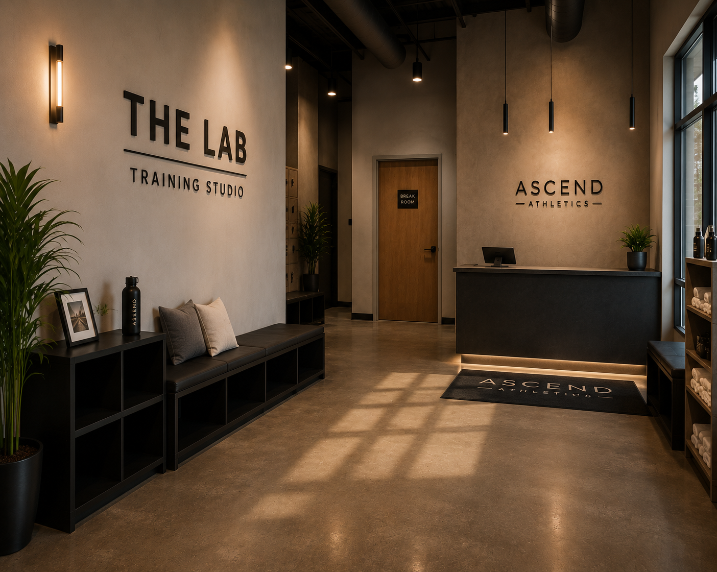 Modern gym reception area with beige walls, black accents, and natural lighting. Signs read "The Lab Training Studio" and "Ascend Athletics." There is a black bench with pillows, green plants, framed photo, black water bottle, and a reception desk. A door labeled "Break Room" is in the background.
