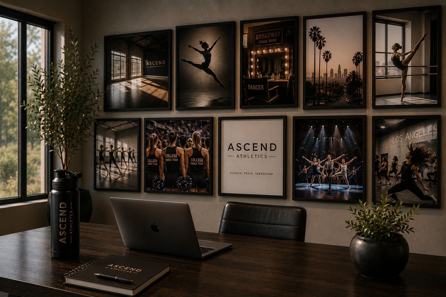 Office wall decorated with athletic-themed framed photos, featuring dancers and gym scenes, with a desk in the foreground holding a notebook, pen, water bottle, and a laptop, flanked by potted plants.