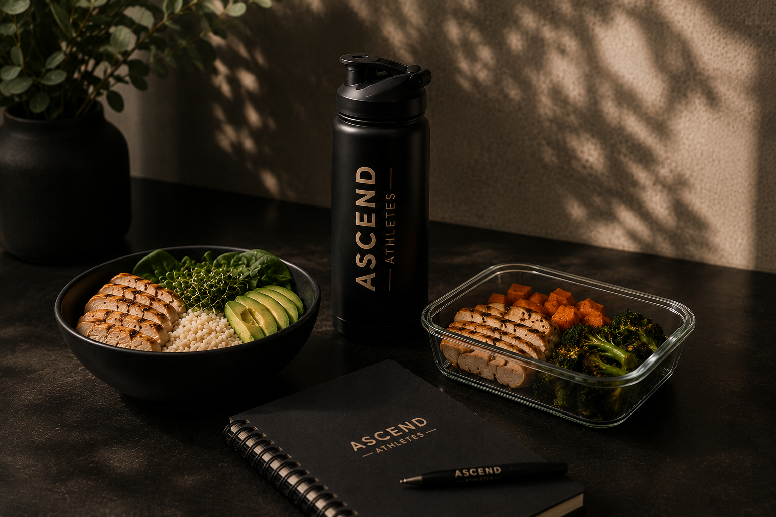 A black bowl with sliced grilled chicken, avocado slices, microgreens, and rice, a transparent container with sliced chicken, sweet potatoes, and broccoli, a black insulated water bottle with 'ASCEND ATHLETES' written on it, a black notebook with 'ASCEND ATHLETES' logo, and a black pen with the same branding, all on a dark surface with a plant in the background.