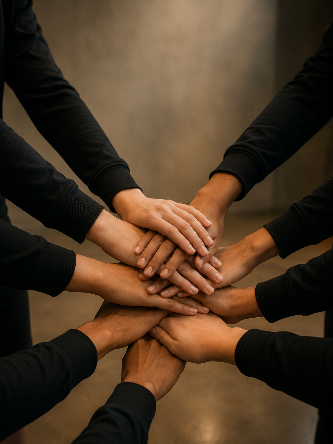 Multiple hands of diverse individuals stacked from different angles in a gesture of unity or teamwork, all wearing black long-sleeve shirts.