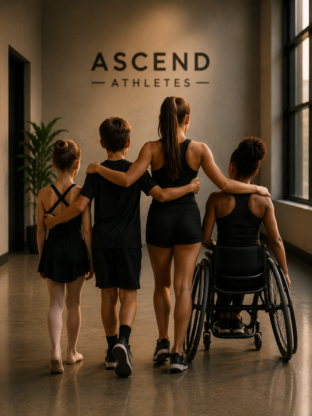 Four diverse young athletes, including one in a wheelchair, standing together with their arms around each other inside a gym or training center, with a sign that reads 'Ascend Athletes' on the wall behind them.
