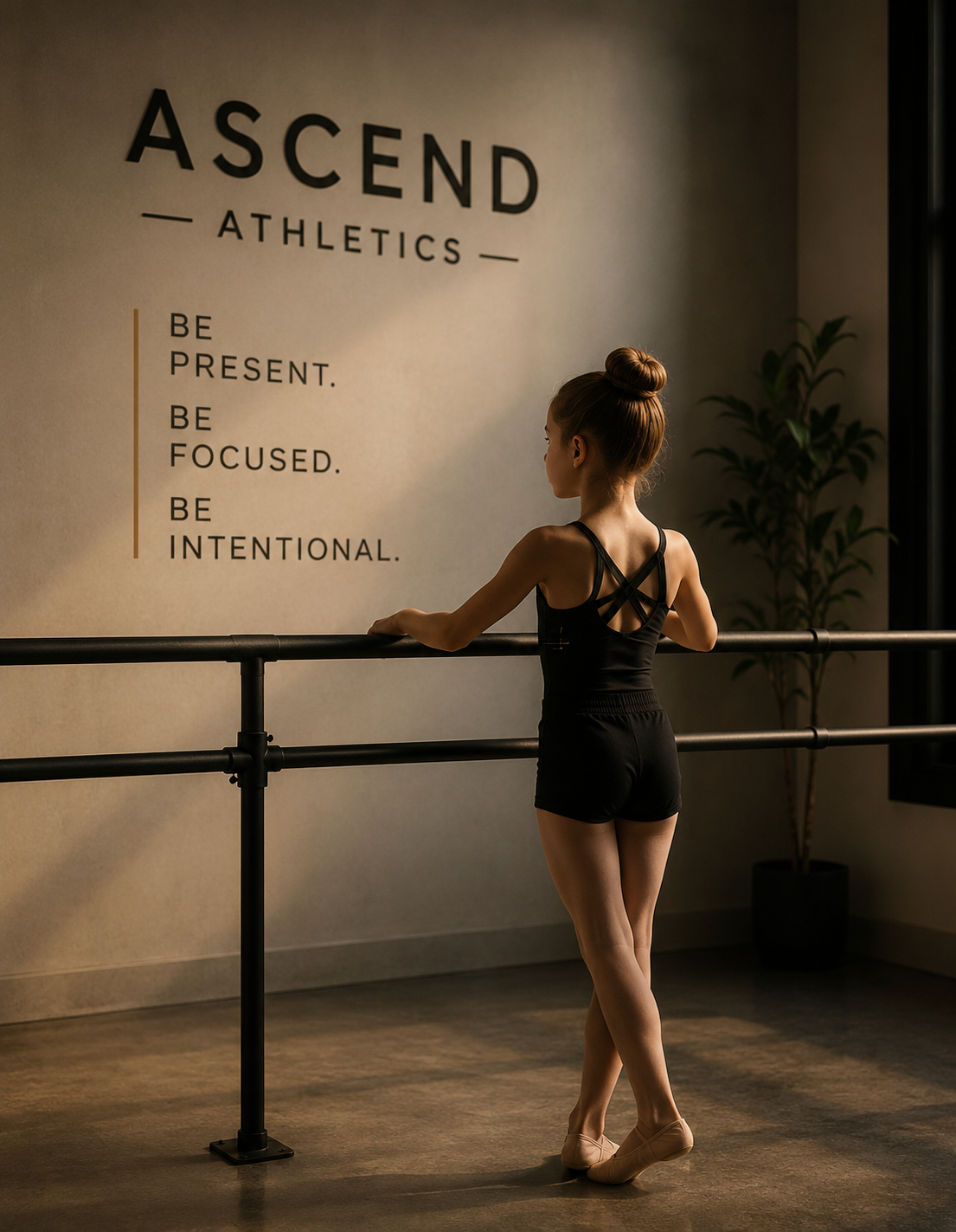 A young ballet dancer standing at a ballet barre in a dance studio, looking at a wall with motivational text about athleticism on it.
