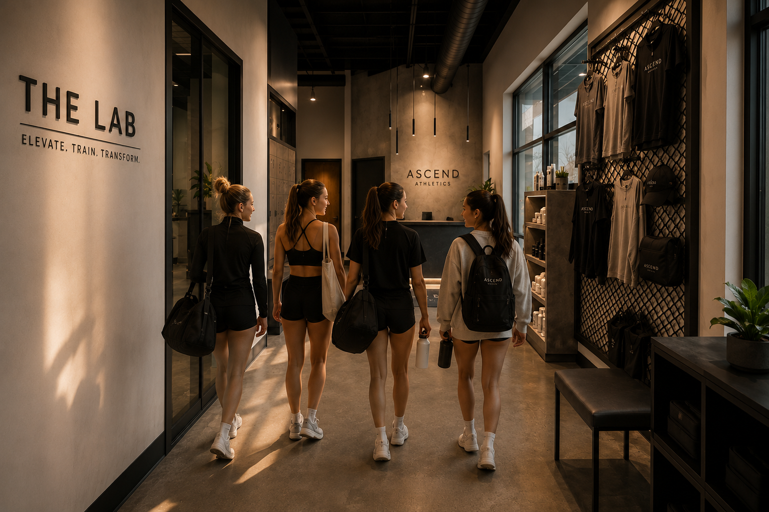 Four young women in athletic clothing walking together in an athletic apparel store with bags, water bottles, and workout gear.