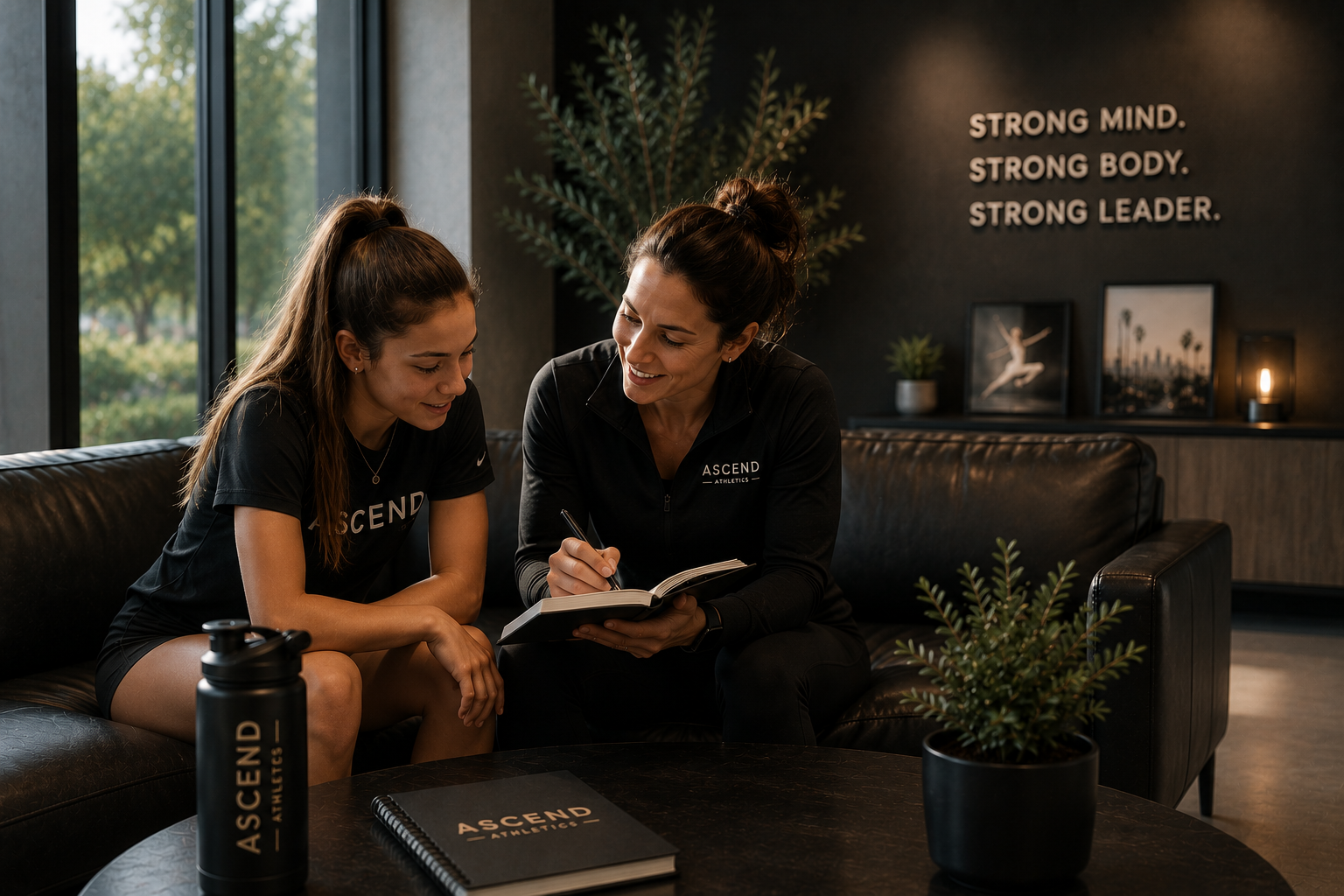 Two women sitting on a black leather couch, discussing and writing in a notebook. One woman is wearing a black athletic shirt with 'ASCEND' printed on it, the other is wearing a black zip-up jacket with 'ASCEND ATHLETICS'. There is a large black water bottle and a notebook on the table, a potted plant on the table and on a shelf behind them. The background features a wall with the phrase 'STRONG MIND. STRONG BODY. STRONG LEADER.' and framed photographs.
