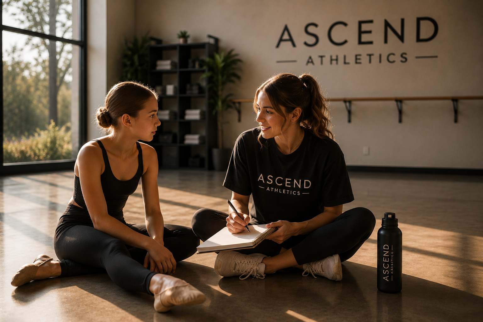 A young girl in a black tank top and leggings sitting on the floor of a dance or workout studio, listening to a woman in a black "Ascend Athletics" T-shirt who is sitting cross-legged and holding a notepad and pen. There is a black water bottle with the same logo on the floor beside them, and sunlight streams through large windows behind them.