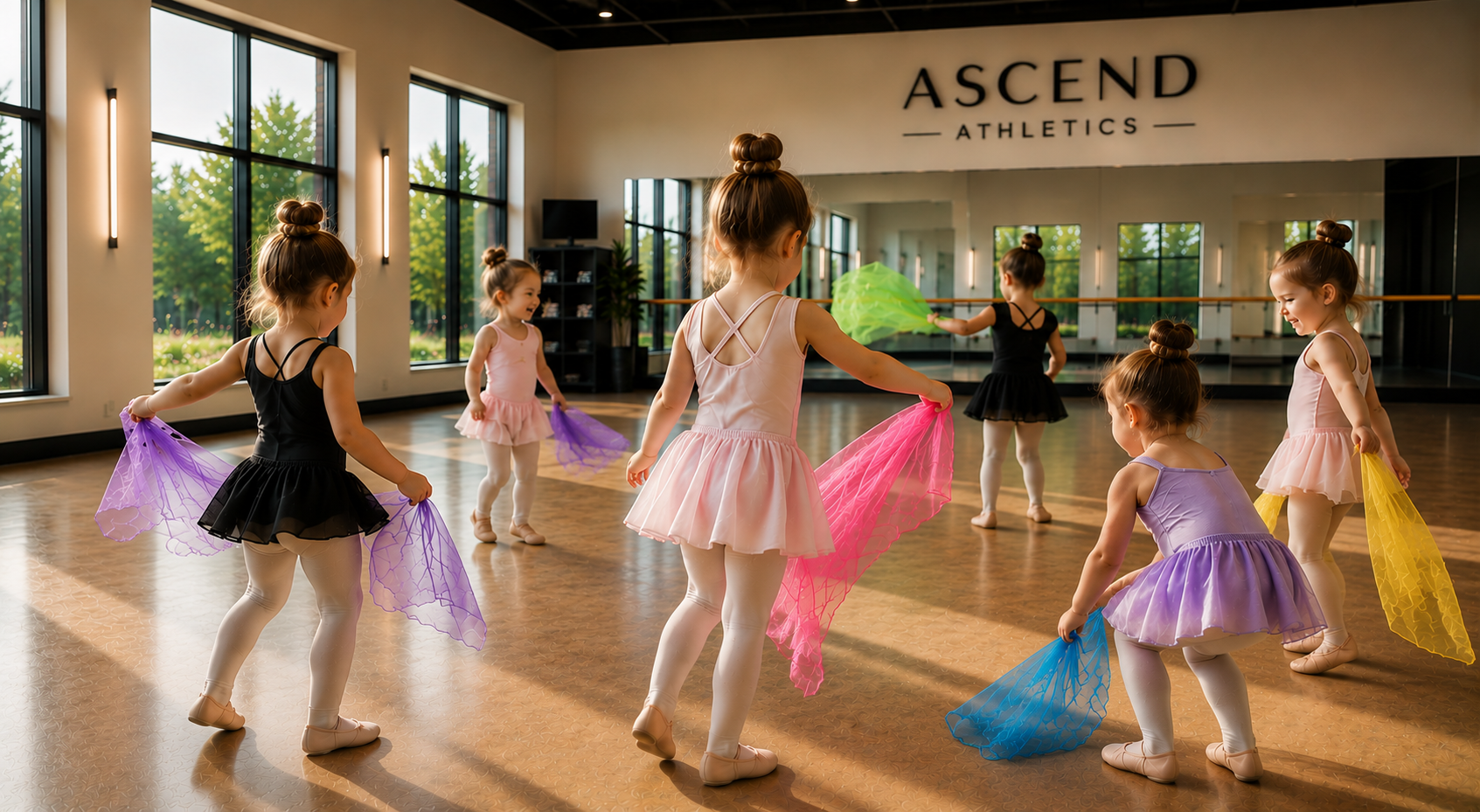 Young girls in ballet costumes holding colorful sheer fabric scarves during a dance class in a brightly lit studio with large windows and a mirror, with a sign that reads 'ASCEND ATHLETICS' on the wall.