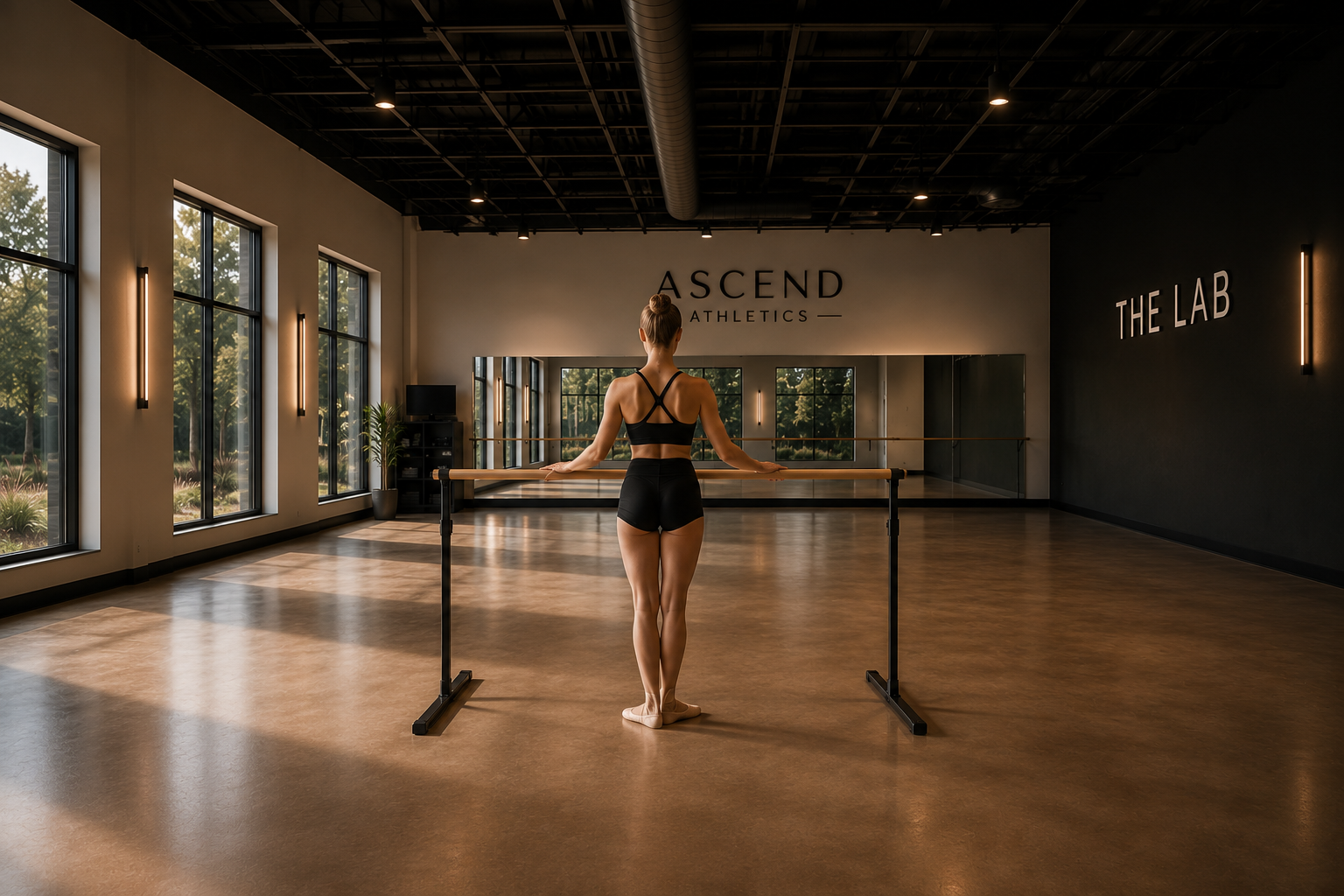 A woman in workout attire standing at a ballet barre in a dance or fitness studio with large windows and natural light.