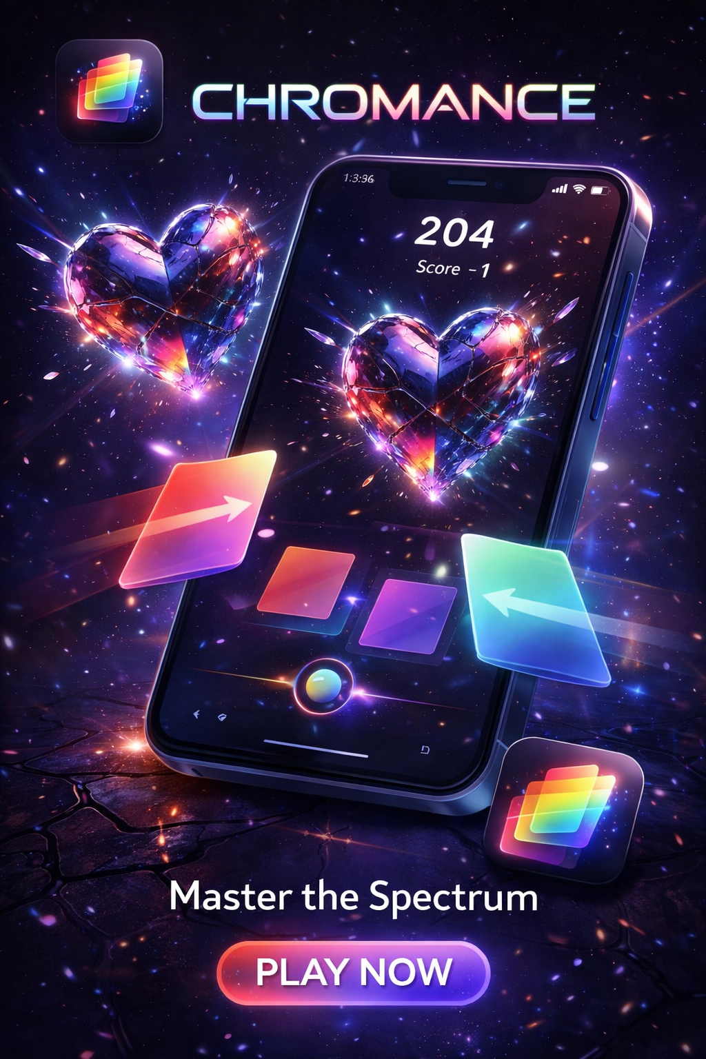 A promotional graphic for the mobile game 'Chromance' showing a smartphone with a score of 204 and a heart at the center, surrounded by colorful, glowing geometric shapes and two floating iridescent hearts. The background is a space-like scene with stars and cosmic dust. The text reads 'Master the Spectrum' and a button says 'PLAY NOW'.