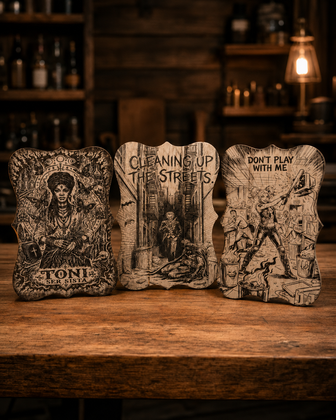 Three decorative plaques with black and white crime or horror-themed illustrations, placed on a wooden table in a dimly lit room with wooden shelves in the background.