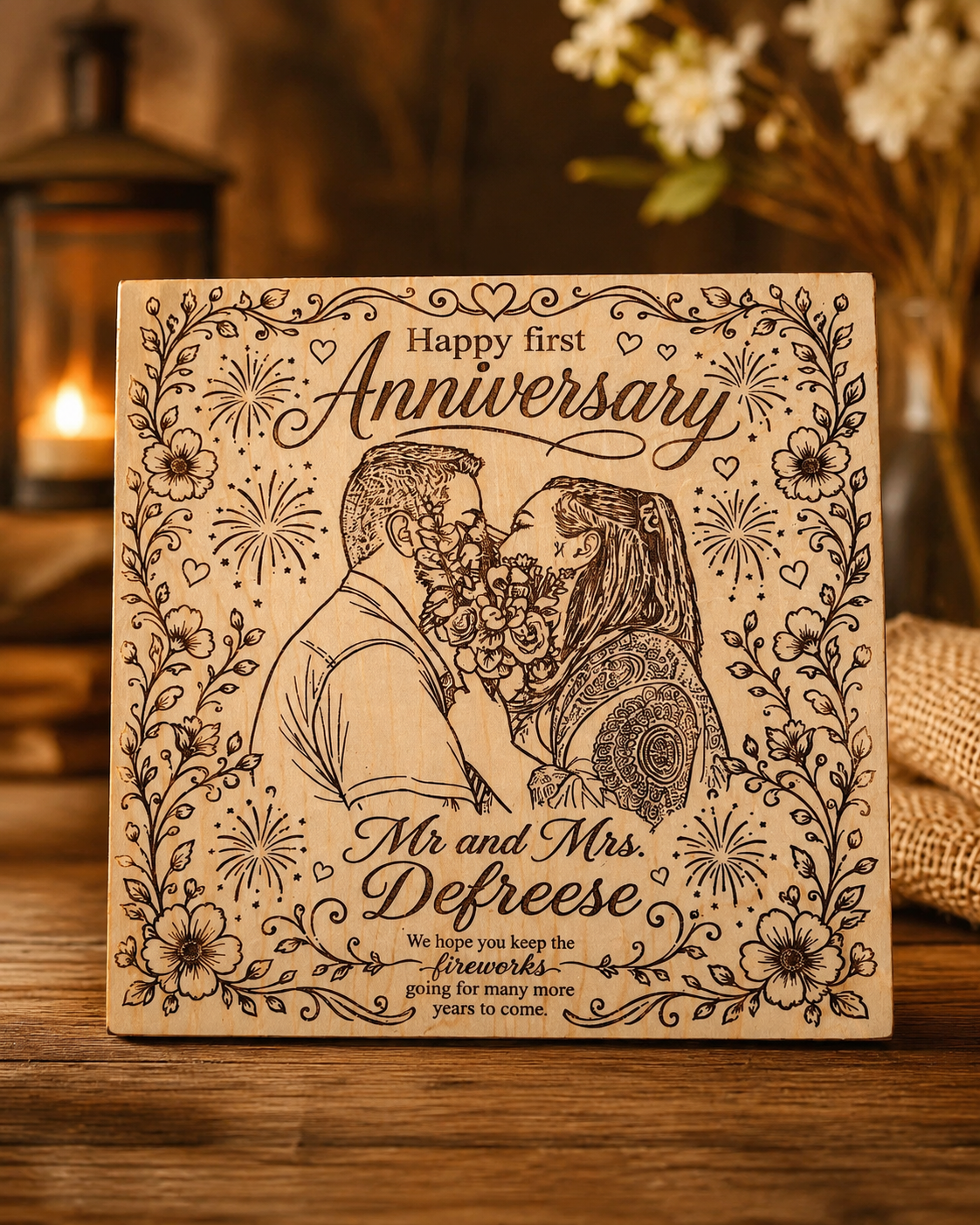 Wooden anniversary plaque with engraved illustration of a couple, surrounded by flowers and fireworks, reading 'Happy first Anniversary Mr and Mrs. Defreese. We hope you keep the fireworks going for many more years to come.'