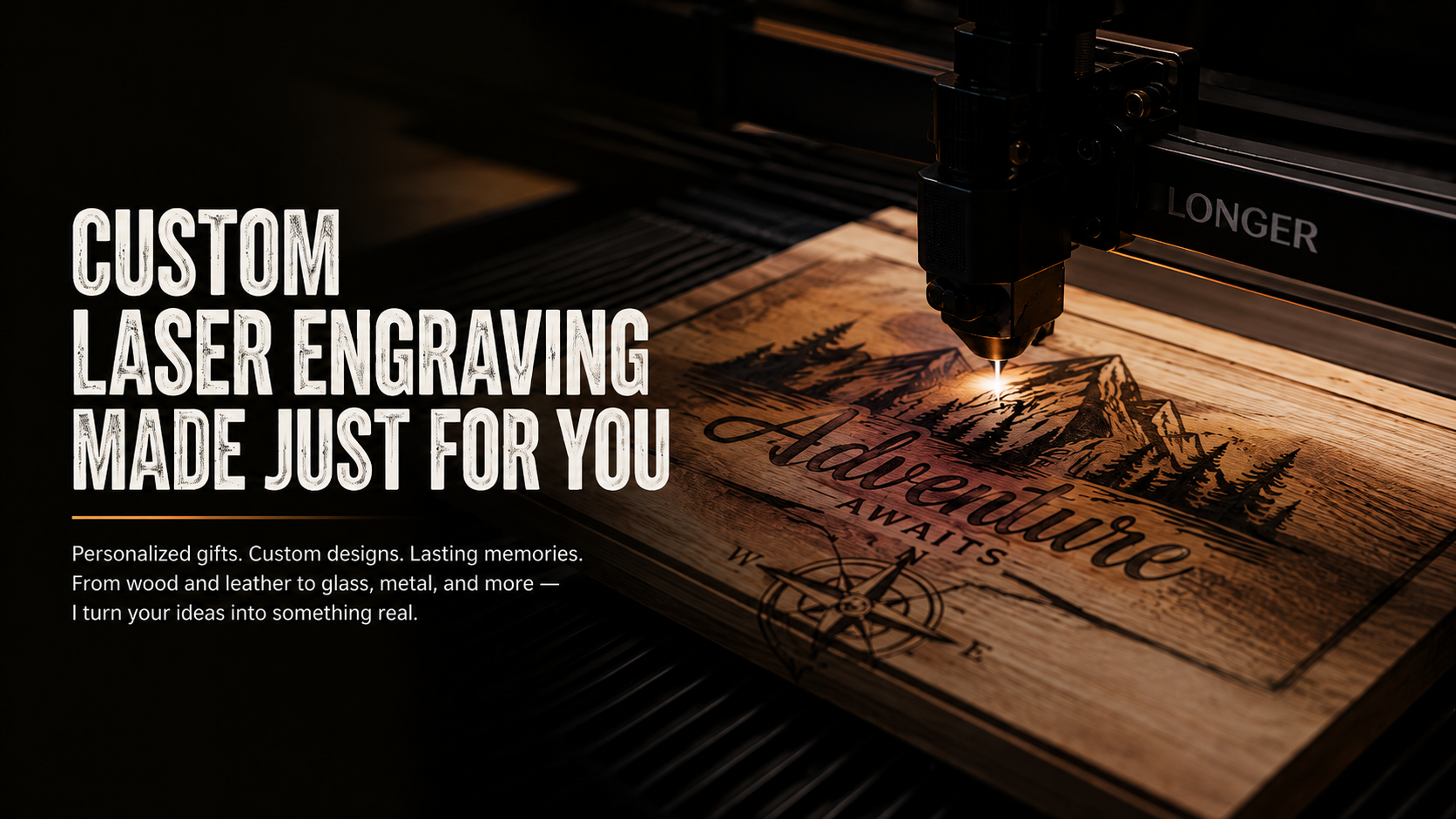A laser engraving machine is engraving a wooden sign that says 'Haverhill Adventures Await' with a mountain and forest design.