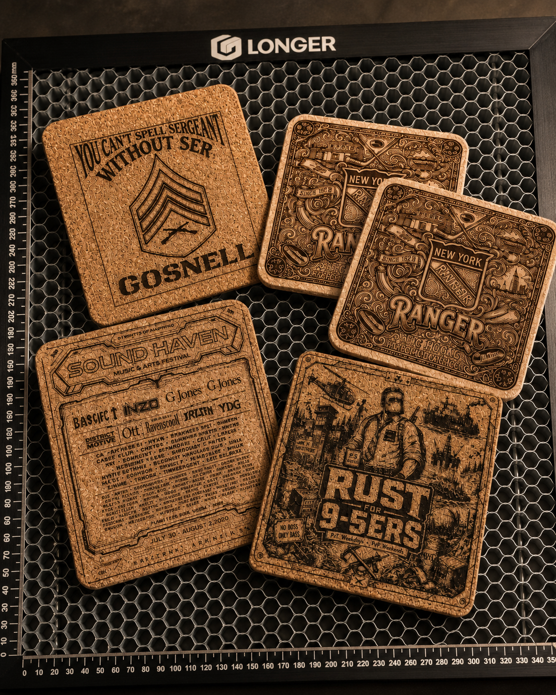 Set of six engraved cork coasters with various designs and text, arranged on a black mesh tray. The designs include military themes, music festival, video game, and cityscape themes.