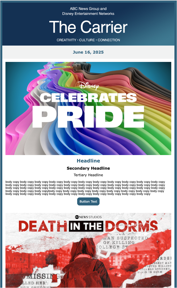 Design and built modular template in Salesforce email marketing for ABC News group internal employee email