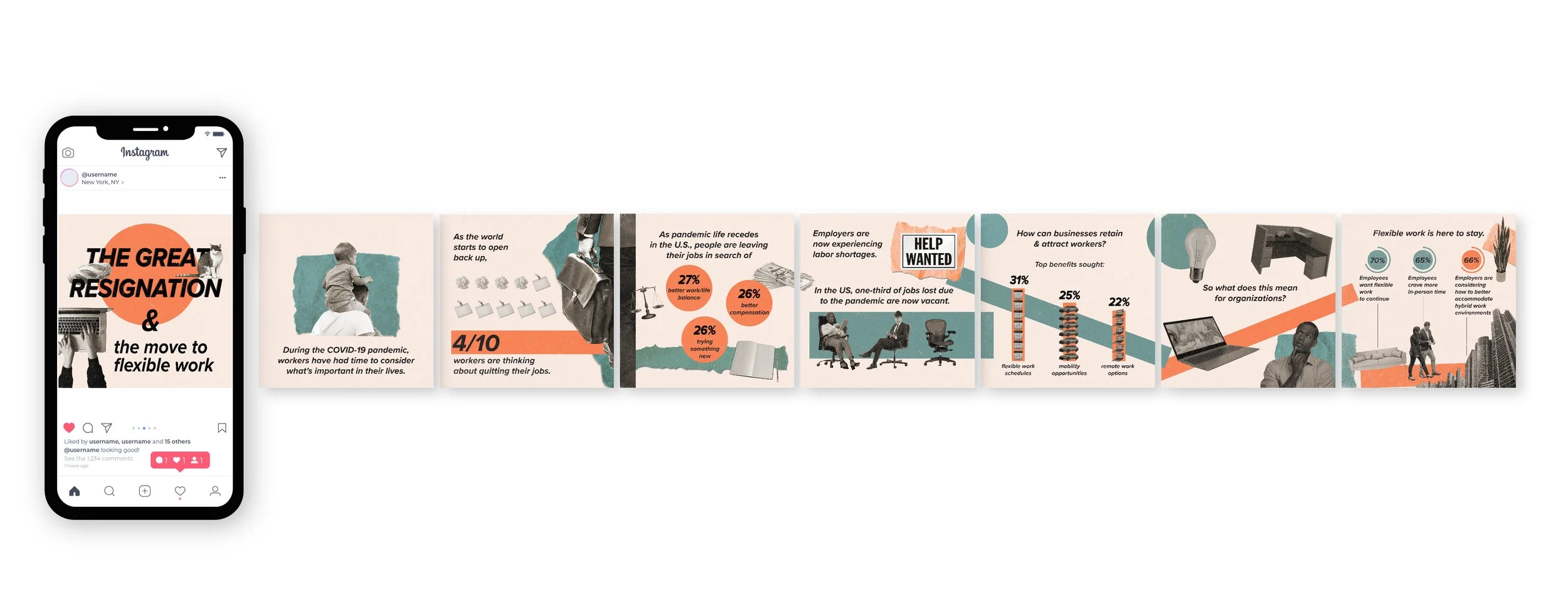 Designed a multi-photo social media post using data visualization to tell the story of "The Great Resignation" post-COVID