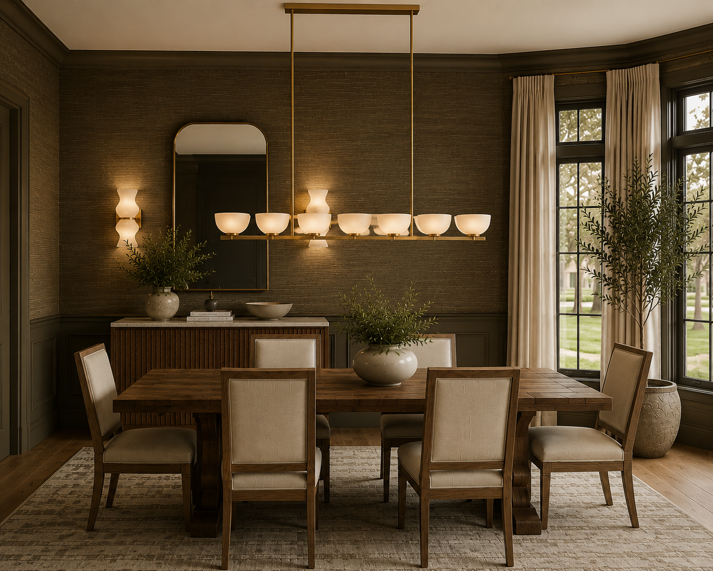 A dining room with a wooden table, six beige upholstered chairs, and large windows with cream curtains. There are potted plants and a sideboard with decor and a mirror. A modern chandelier with multiple white bowls hangs above the table, and the room has warm lighting.