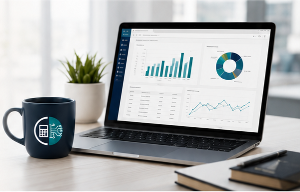 Image with a black coffee mug on a table. The coffee mug has the Accounting Technologies logo on it. Beside the mug is an open laptop with accounting graphs on the screen. It's in a well lit room. The sunshine is shining through the windows.