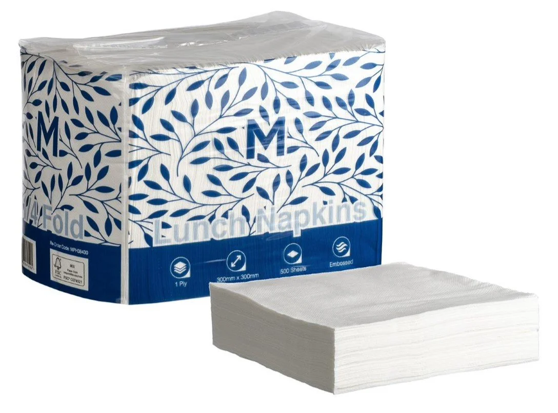 Embossed Lunch Napkins 1/4 Fold White, 300mm x 300mm, 1 Ply, FSC® Mix - 3000 per box