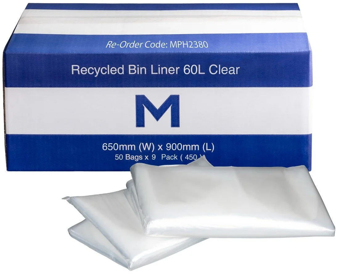 FP Recycled Bin Liner 60L Clear, 650mm x 900mm x 30mu - 450 bags per box