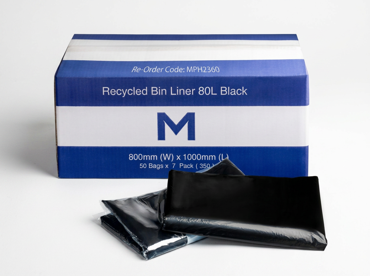 FP Recycled Bin Liner 80L - Black, 800mm x 1000mm x 30mu - Box of 350 bags