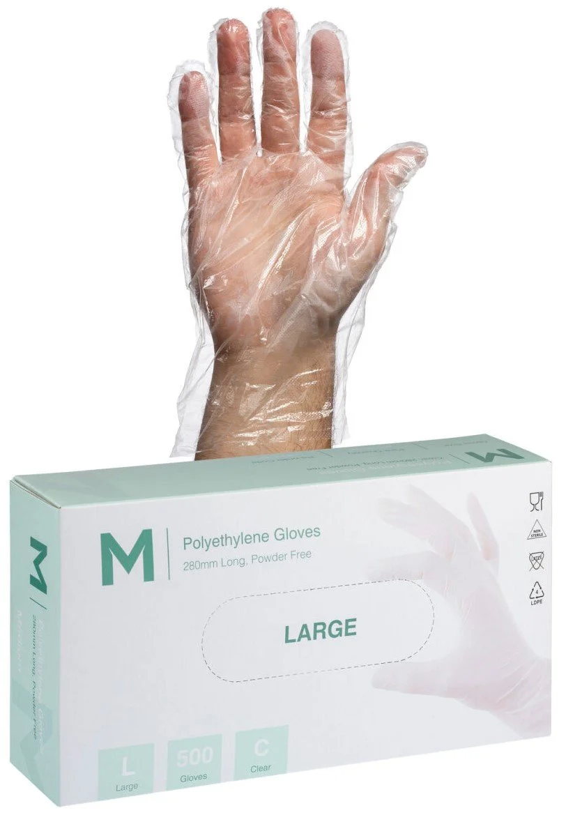 Polyethylene Gloves Clear, L-XL, 240mm Cuff, 1.0g - 5000 per box