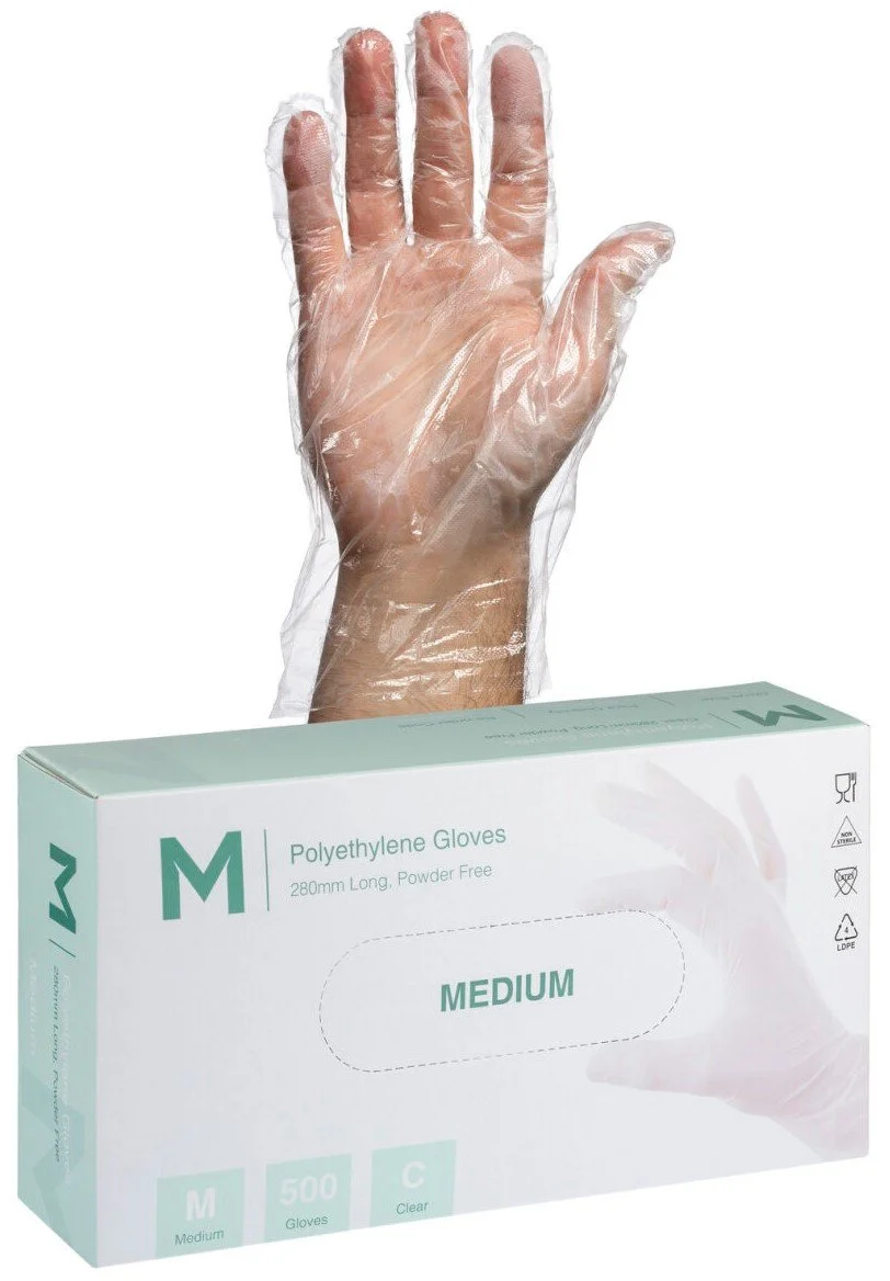 Polyethylene Gloves Clear, S-M, 240mm Cuff, 1.0g - 5000 per box