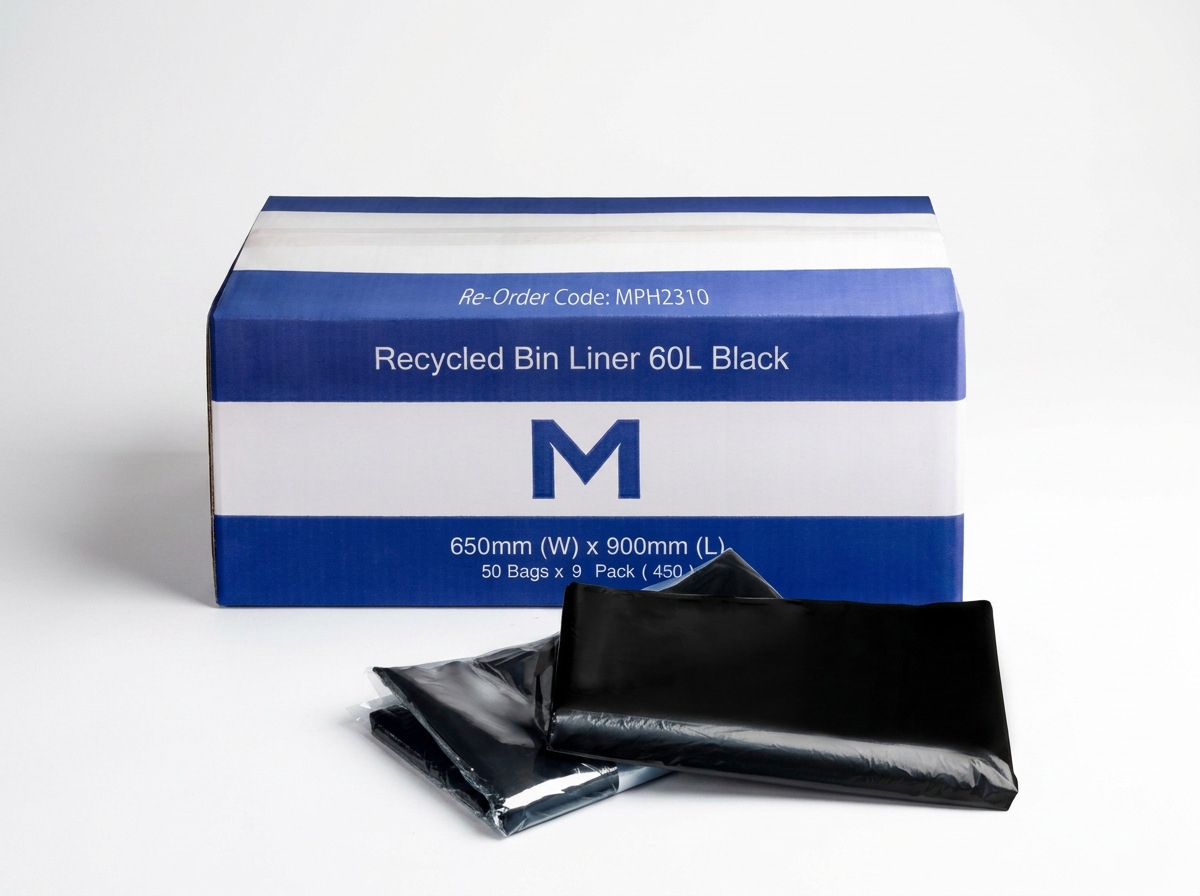 FP Recycled Bin Liner 60L - Black, 650mm x 900mm x 30mu - Box of 450 Bags